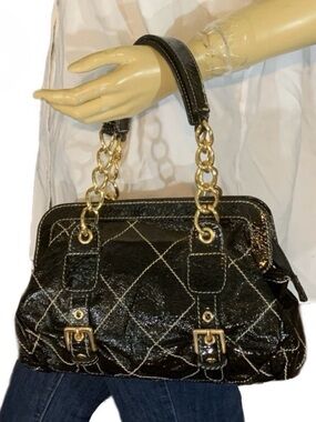 BERGE BLACK PATENT LEATHER QUILTED BAG WITH GOLD TONE CHAIN STRAPS